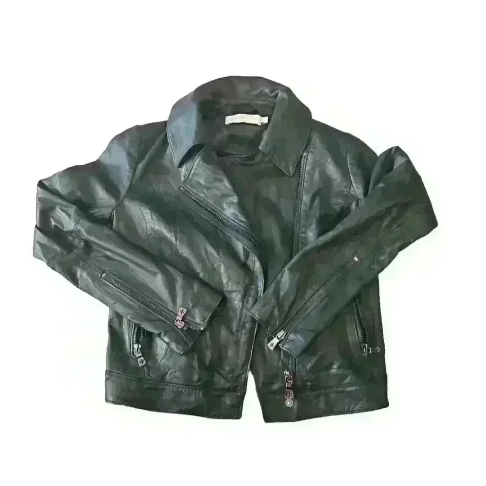 Tory Burch Womens Dark Green Harper Cropped Luxury Designer Moto Jacket 0 (XS-S)